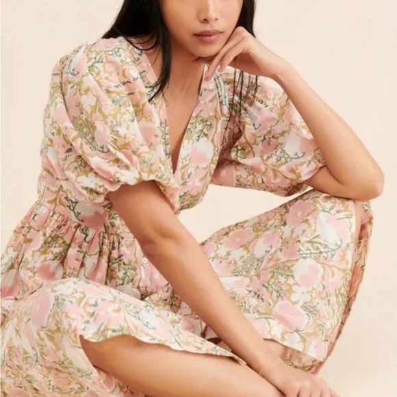 MIRTH Floral Puff Sleeve Midi Dress Snapdragon M Cottagecore Prairie Gir… - Picture 3 of 12